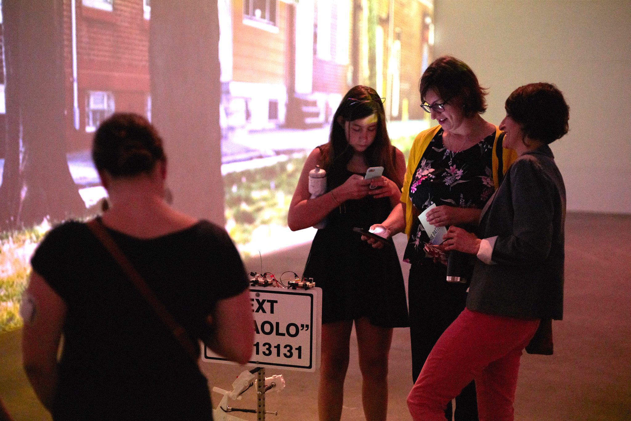 A group of people standing in front of a projection.
