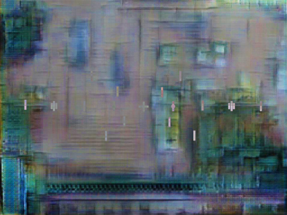 An abstract painting of a computer chip.