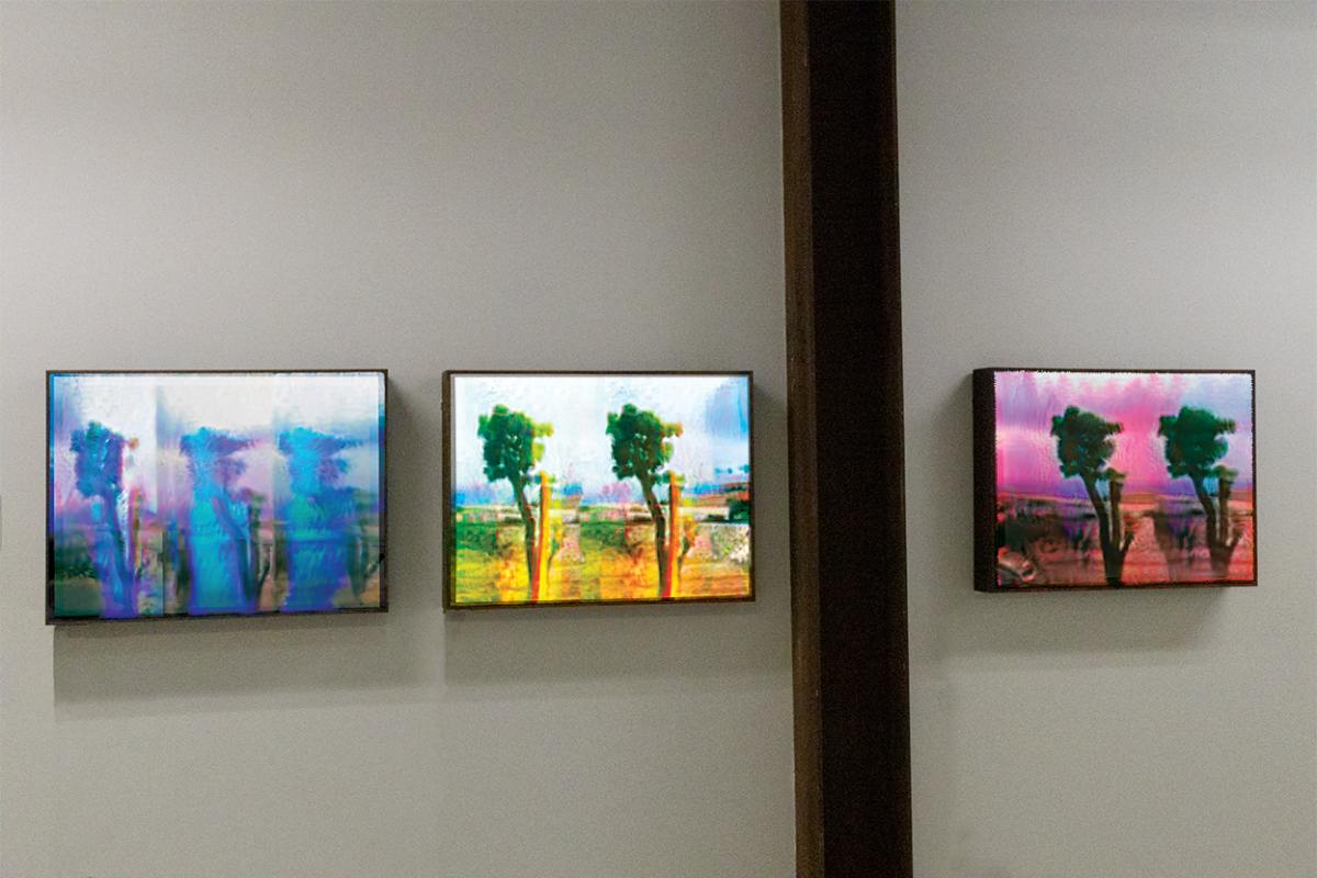 Three framed paintings hanging on a wall.