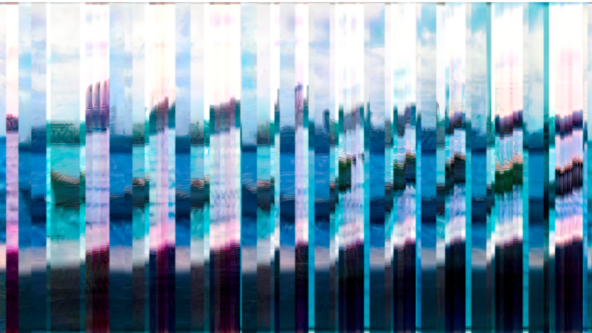 A painting of a blue, pink, and green stripe.