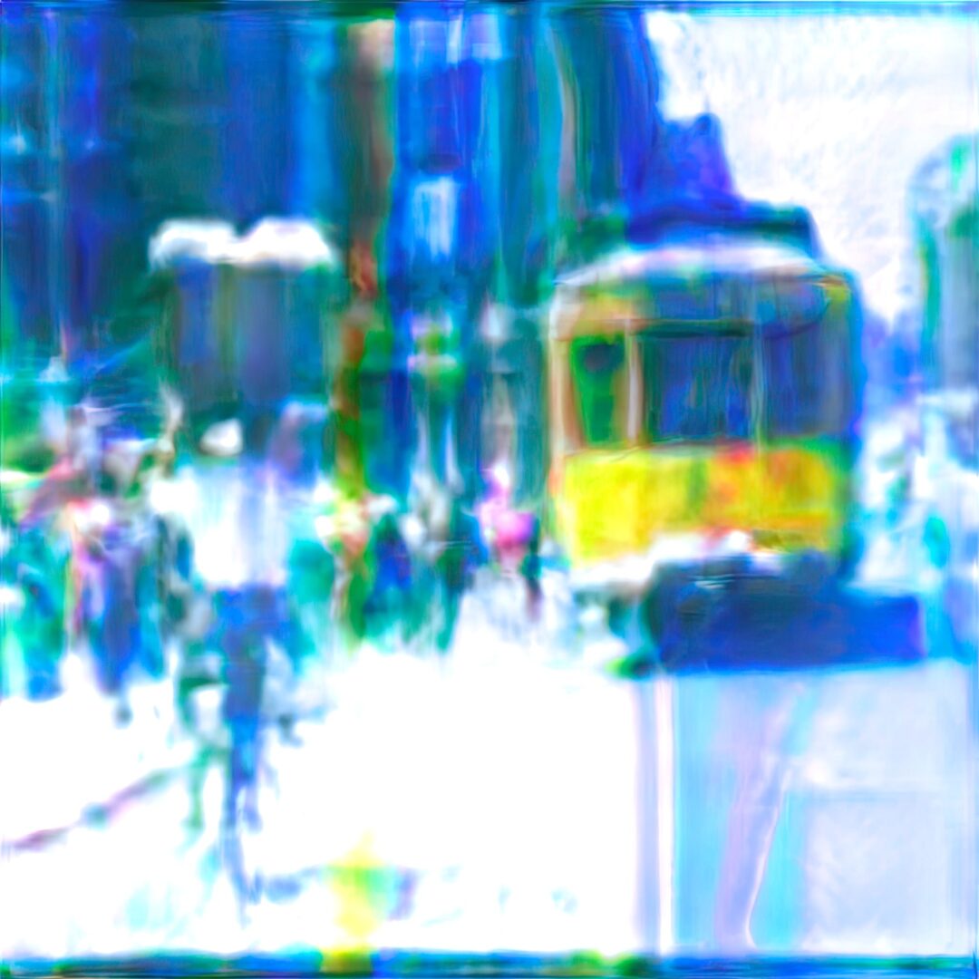 A painting of a tram on a street.