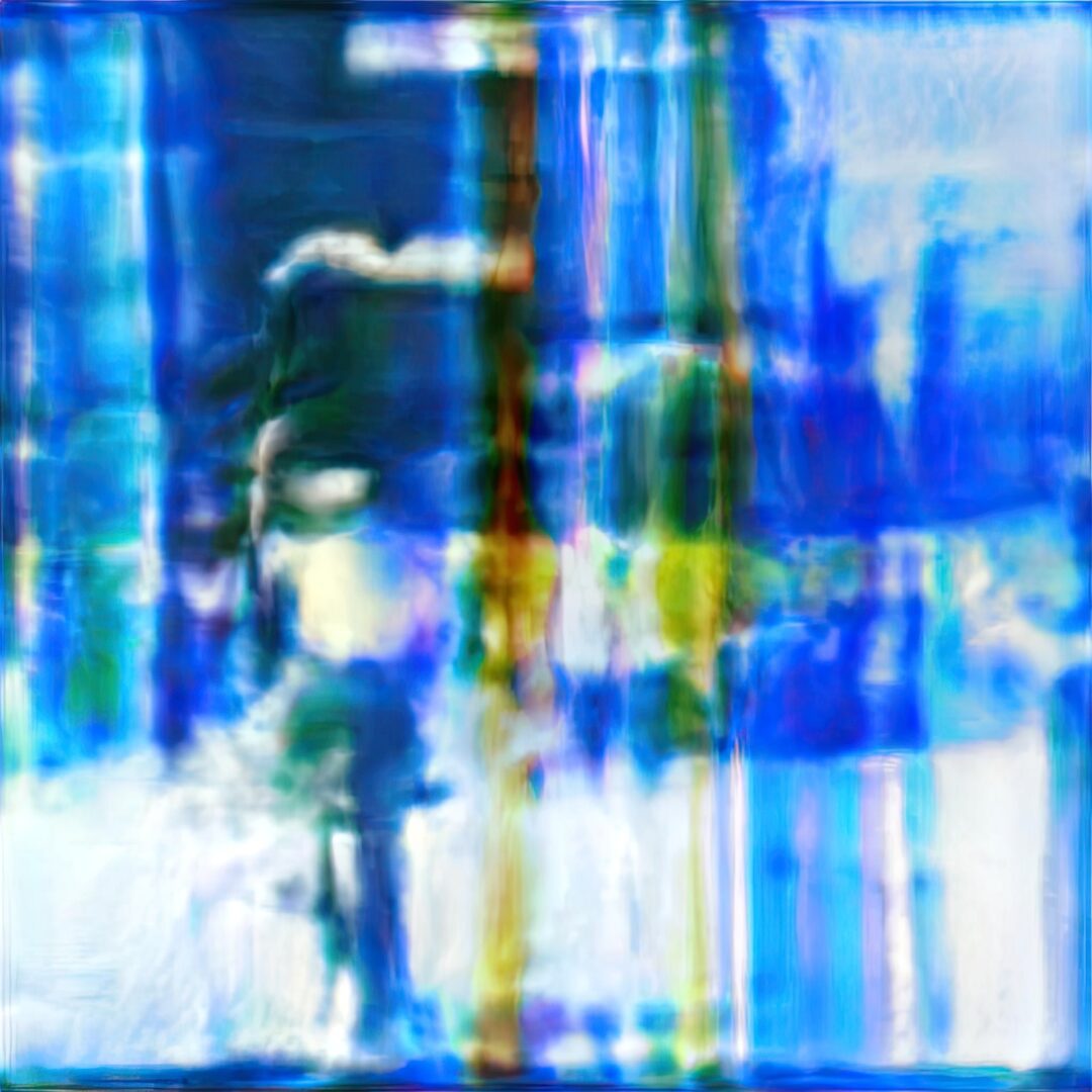 An abstract painting with blue and yellow colors.