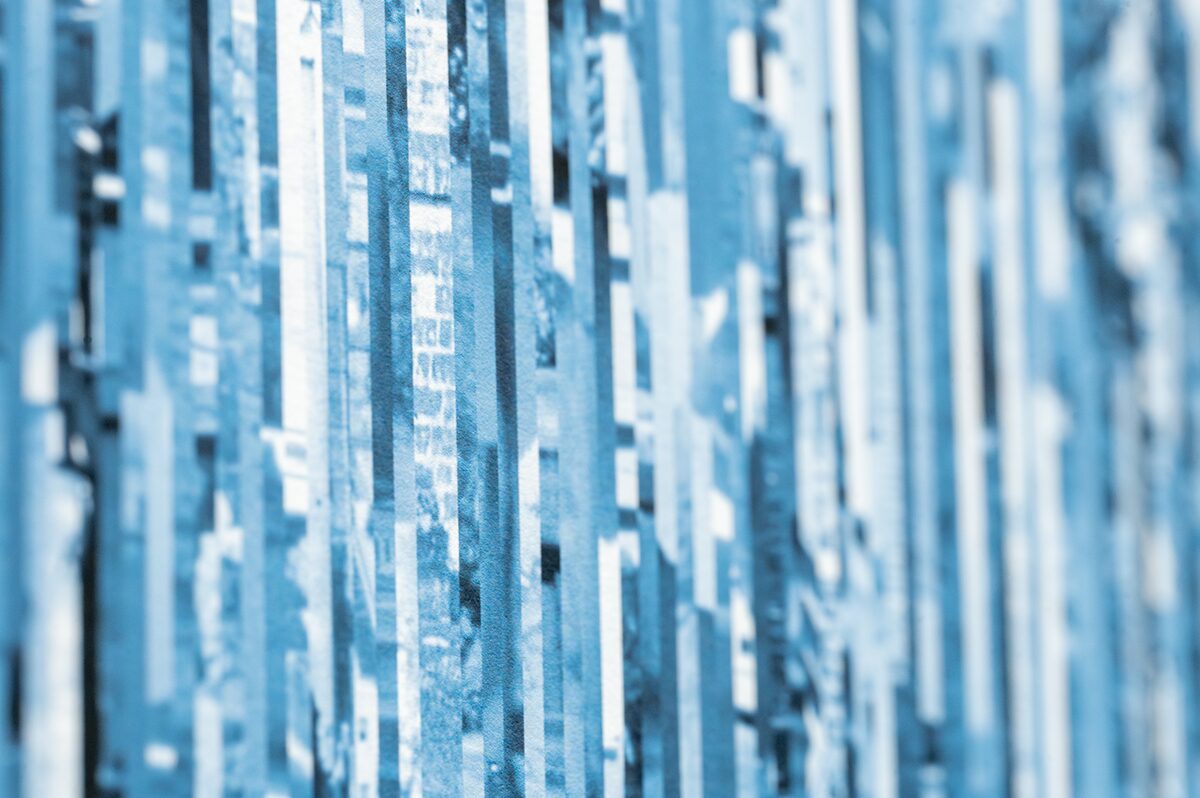 Detail from wide landscape print showing data visualization of amount of blue in slide archive