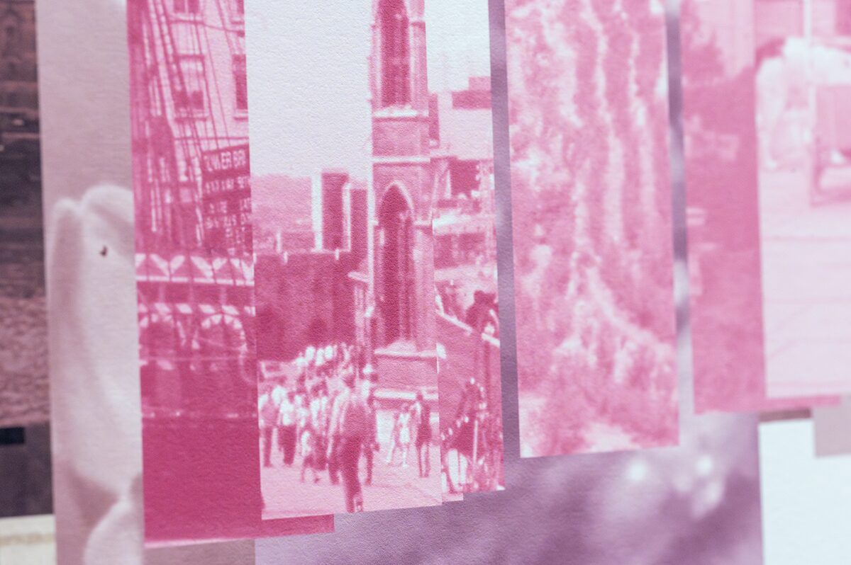 detail from wide landscape print showing data visualization of amount of pink in slide archive